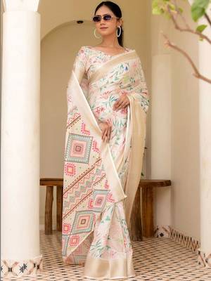 Cream printed ready to wear saree with blouse piece 3