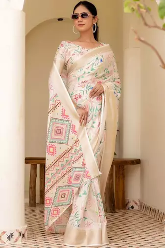 Cream printed ready to wear saree with blouse piece