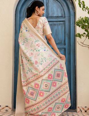 Cream printed ready to wear saree with blouse piece 5