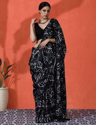 Black embellished floral printed digital printed satin saree with blouse piece 1