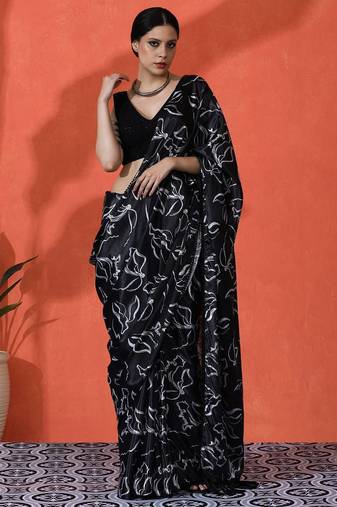 Black embellished floral printed digital printed satin saree with blouse piece