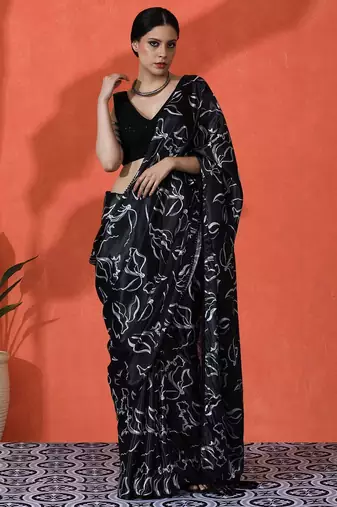 Black embellished floral printed digital printed satin saree with blouse piece