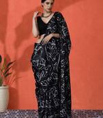 Black embellished floral printed digital printed satin saree with blouse piece