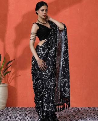 Black embellished floral printed digital printed satin saree with blouse piece 2