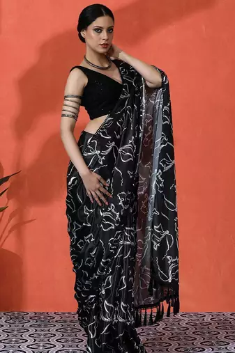 Black embellished floral printed digital printed satin saree with blouse piece