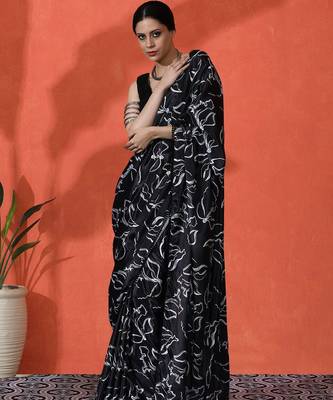 Black embellished floral printed digital printed satin saree with blouse piece 3