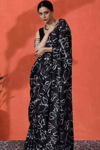 Black embellished floral printed digital printed satin saree with blouse piece