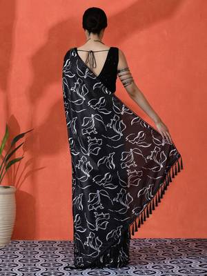 Black embellished floral printed digital printed satin saree with blouse piece 4