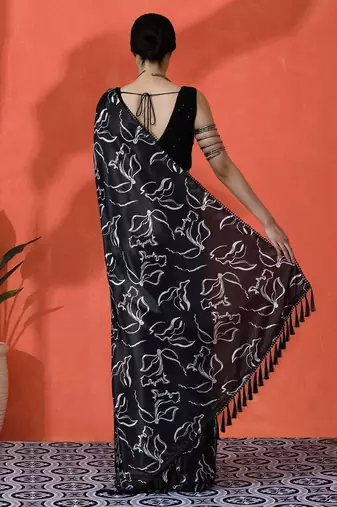 Black embellished floral printed digital printed satin saree with blouse piece