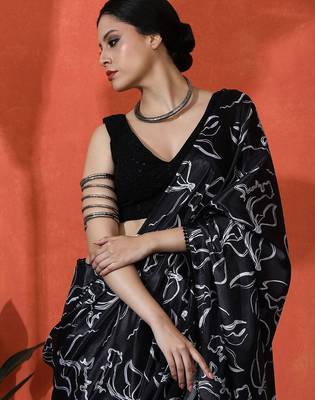 Black embellished floral printed digital printed satin saree with blouse piece 5