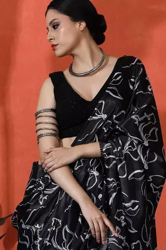 Black embellished floral printed digital printed satin saree with blouse piece