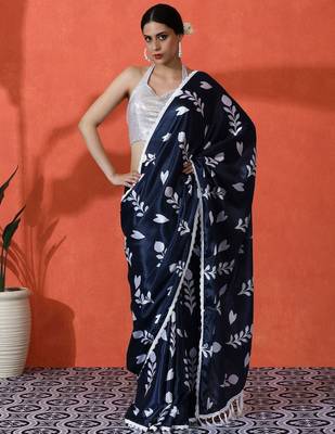 Blue embellished floral printed digital printed satin saree with blouse piece 1