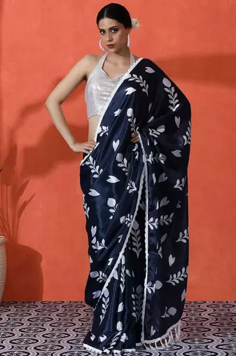 Blue embellished floral printed digital printed satin saree with blouse piece