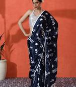 Blue embellished floral printed digital printed satin saree with blouse piece