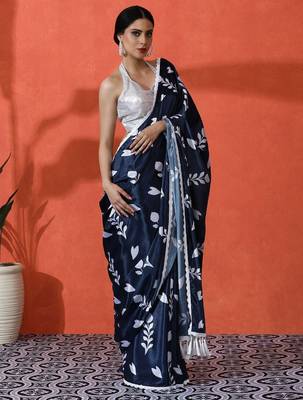Blue embellished floral printed digital printed satin saree with blouse piece 2