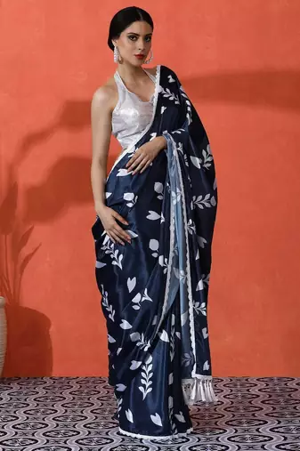 Blue embellished floral printed digital printed satin saree with blouse piece