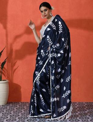 Blue embellished floral printed digital printed satin saree with blouse piece 3