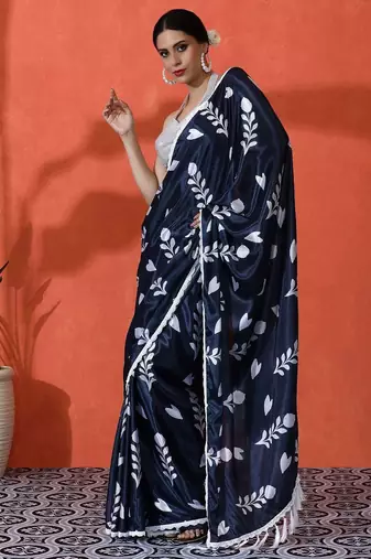 Blue embellished floral printed digital printed satin saree with blouse piece