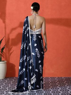 Blue embellished floral printed digital printed satin saree with blouse piece 4