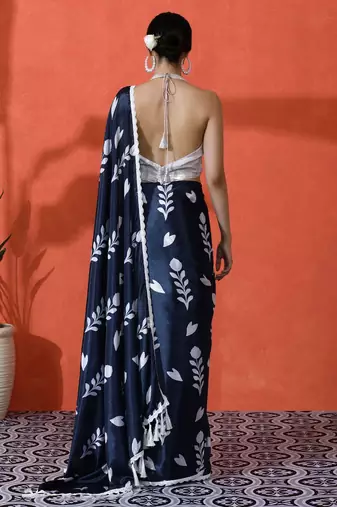 Blue embellished floral printed digital printed satin saree with blouse piece