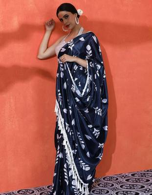 Blue embellished floral printed digital printed satin saree with blouse piece 5