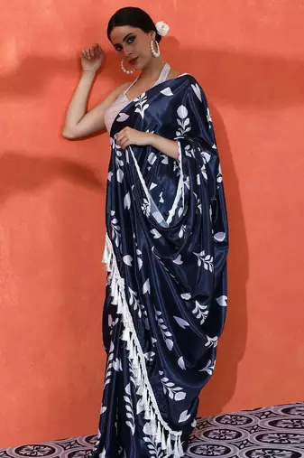 Blue embellished floral printed digital printed satin saree with blouse piece