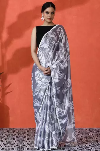 Grey embellished floral printed digital printed satin saree with blouse piece
