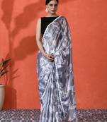 Grey embellished floral printed digital printed satin saree with blouse piece