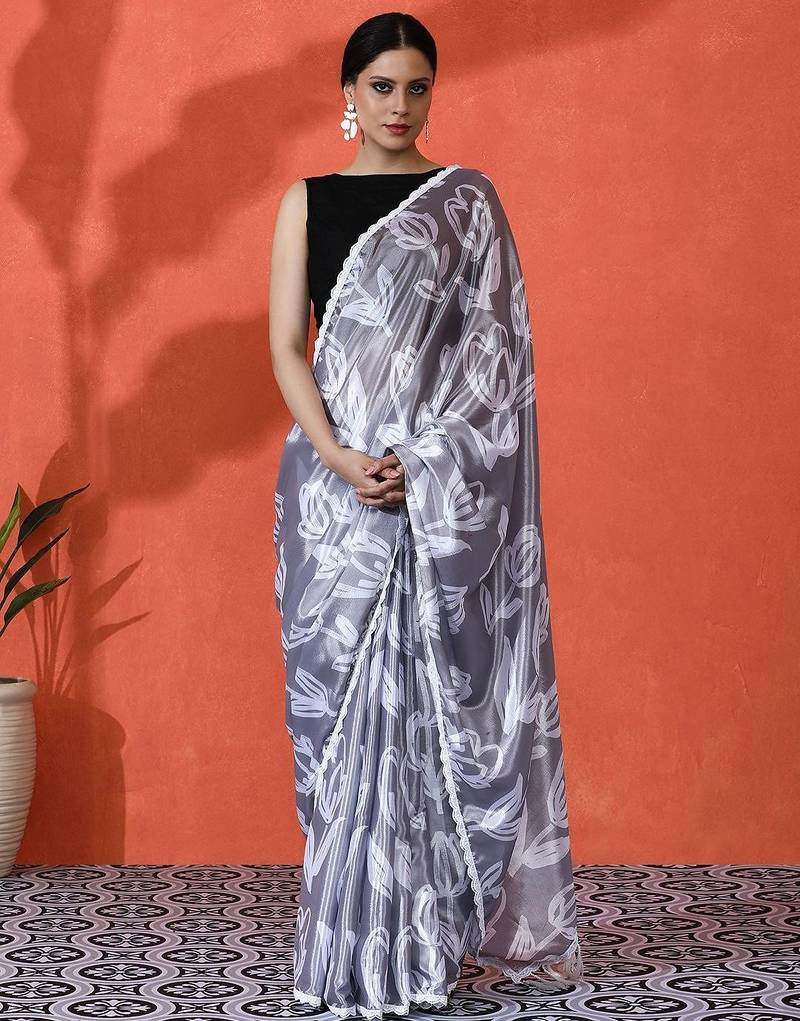Grey embellished floral printed digital printed satin saree with blouse piece