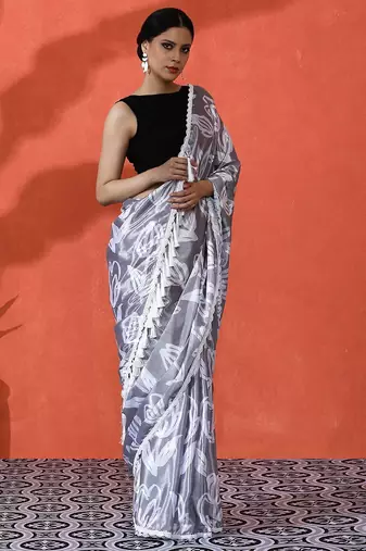 Grey embellished floral printed digital printed satin saree with blouse piece