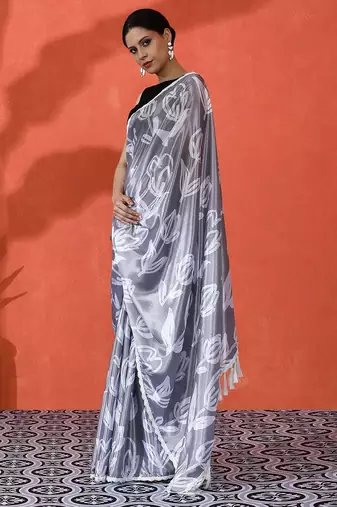 Grey embellished floral printed digital printed satin saree with blouse piece