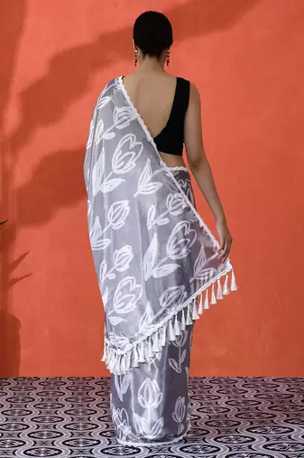 Grey embellished floral printed digital printed satin saree with blouse piece