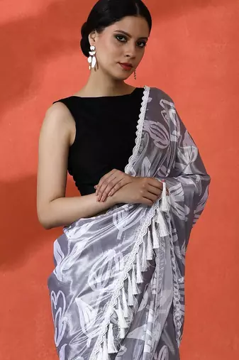 Grey embellished floral printed digital printed satin saree with blouse piece