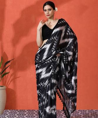 Black embellished abstract printed digital printed satin saree with blouse piece 1