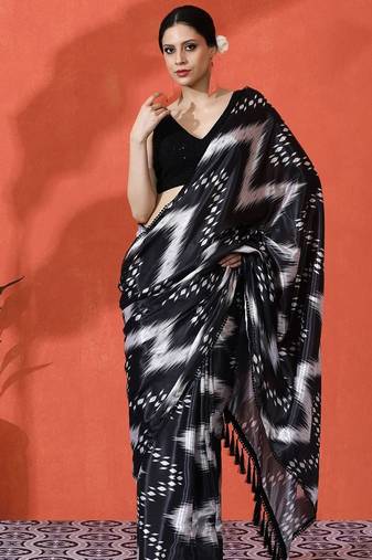 Black embellished abstract printed digital printed satin saree with blouse piece