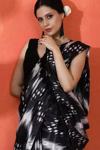 Black embellished abstract printed digital printed satin saree with blouse piece