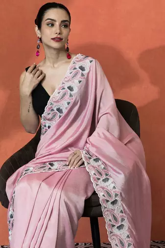 Pink embellished embroidered saree with unstitched blouse