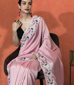 Pink embellished embroidered saree with unstitched blouse