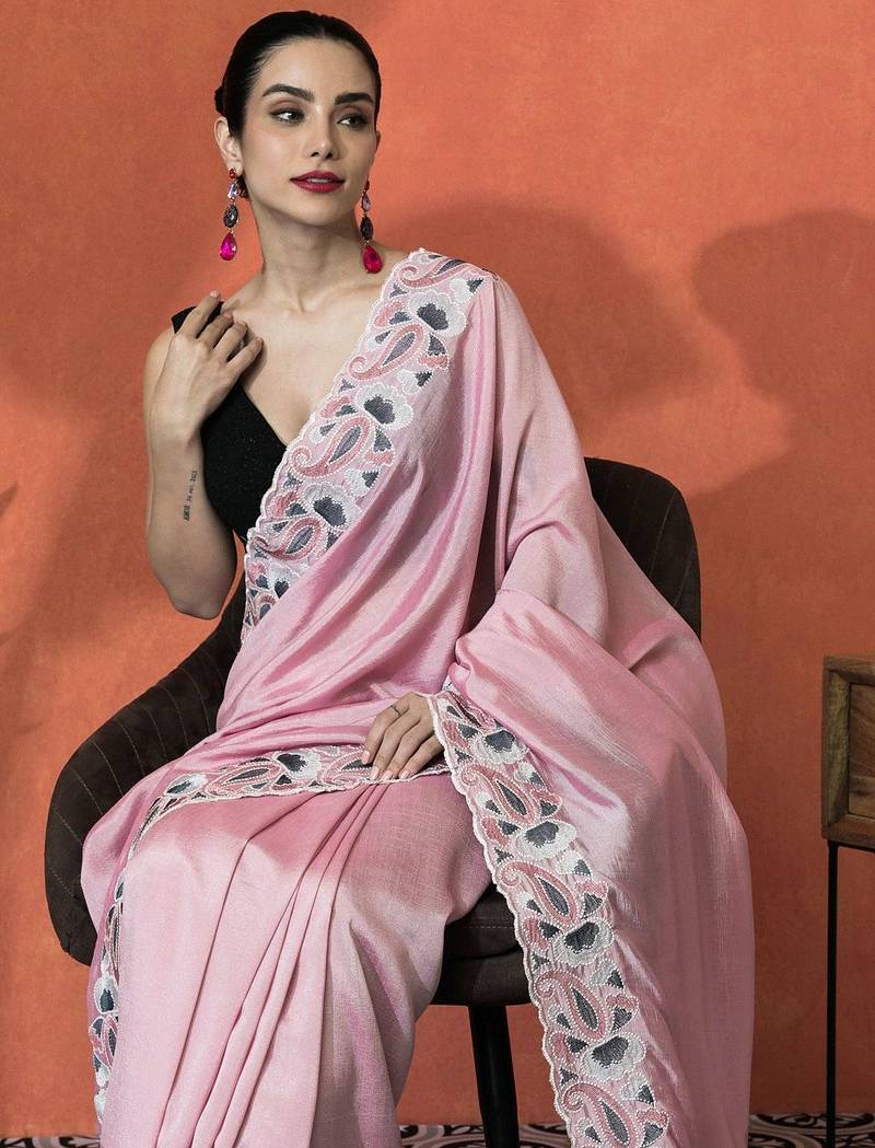 Pink embellished embroidered saree with unstitched blouse