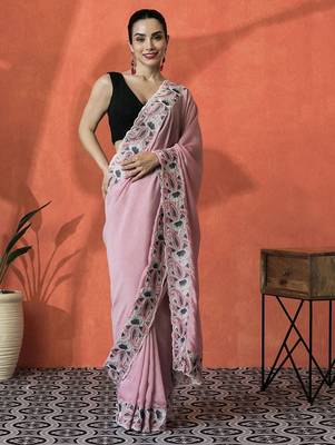 Pink embellished embroidered saree with unstitched blouse 2