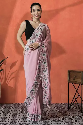 Pink embellished embroidered saree with unstitched blouse