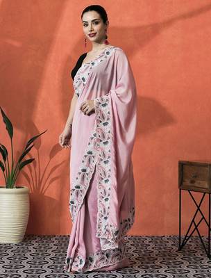 Pink embellished embroidered saree with unstitched blouse 3