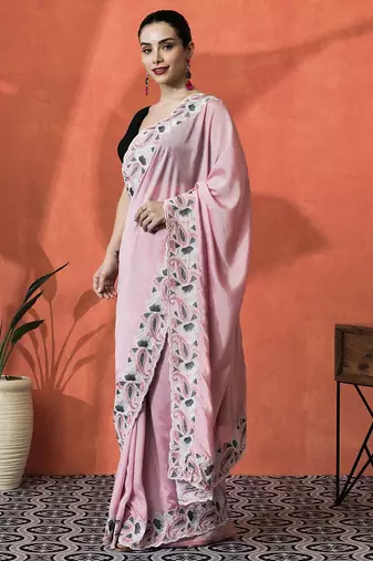 Pink embellished embroidered saree with unstitched blouse