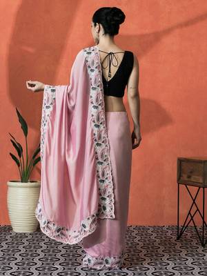 Pink embellished embroidered saree with unstitched blouse 4