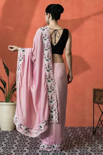 Pink embellished embroidered saree with unstitched blouse