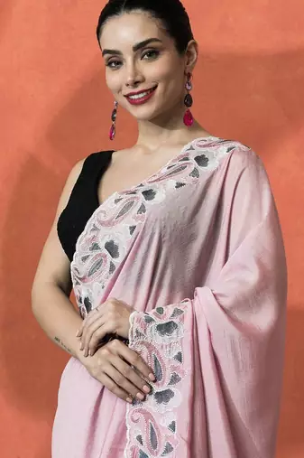 Pink embellished embroidered saree with unstitched blouse