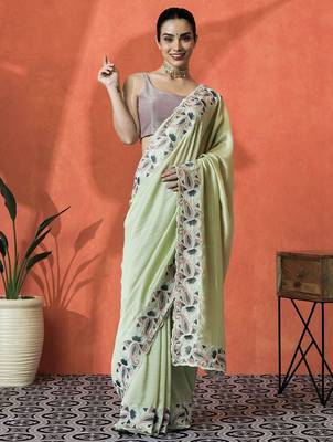 Lime embellished embroidered saree with unstitched blouse 1