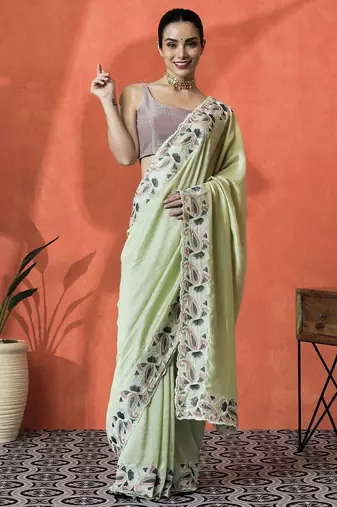 Lime embellished embroidered saree with unstitched blouse