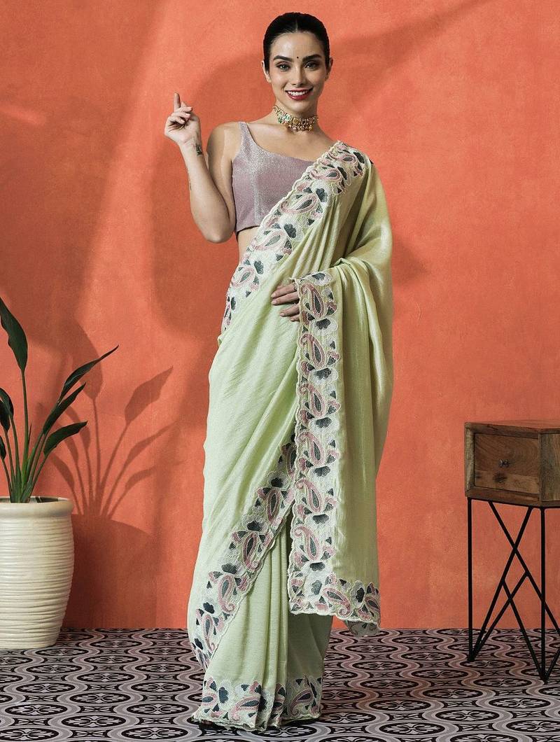 Lime embellished embroidered saree with unstitched blouse