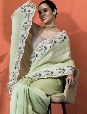 Lime embellished embroidered saree with unstitched blouse 2
